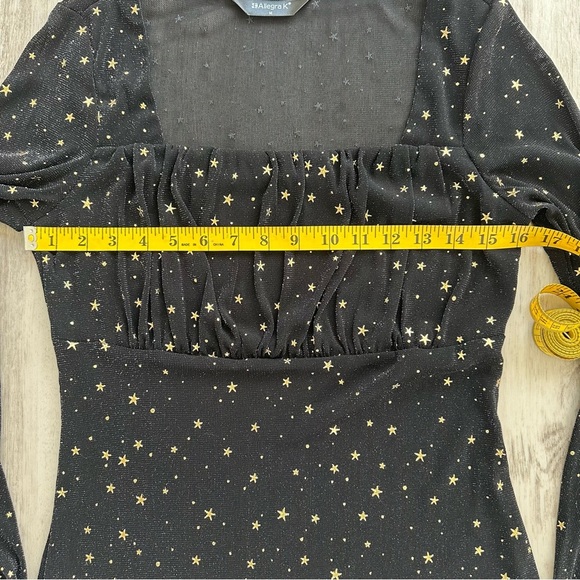 Allegra K Black and Gold Ruched Long Sleeve Blouse Sheer - Picture 4 of 7